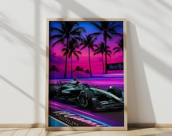 Neon Miami GP Poster: George Russell F1 Car Art (Digital Download