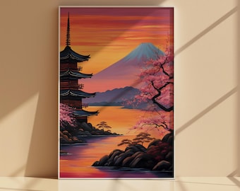 Japanese Pagoda Sunset Print: Pink Blossom Tree Asian Landscape (Digital Download)
