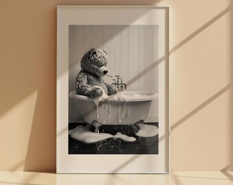 Smoking Teddy Bear Vintage Art - Funny Bathroom Wall Print - Moody Classy Decor - Digital Download Black and White Poster Whimsigoth Vibe