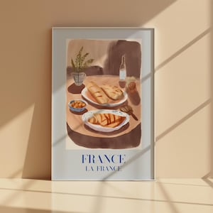 Stampa digitale di panetteria francese, arte murale della cucina parigina, poster di croissant e baguette, arredamento rustico per il cibo, regalo per buongustai, download immediato