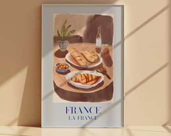 French Bakery Print: Rustic Croissant & Baguette Art (Digital Download)