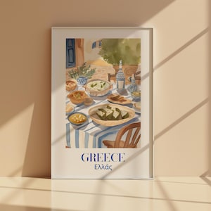 Greek Food Digital Print, Greek Salad Wall Art, Classy Greece Decor, Watercolour Table Poster, Elegant Kitchen Art, Instant Download