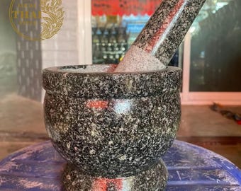 Handcrafted Granite Mortar and Pestle - Traditional Thai Stone Kitchenware