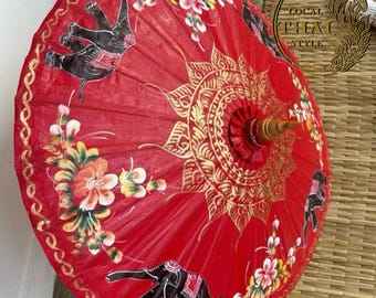 赤い象と花柄があしらわれた、手作りのタイ製傘 - Etsy 日本