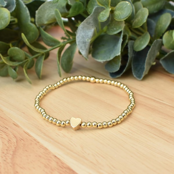 18k Gold Filled Heart Bead Bracelet, Stacking Non-Tarnish Jewelry