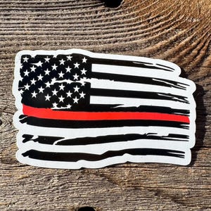 Thin Red Line Tattered American Flag Decal – Distressed USA Flag Vinyl Decal – Firefighter Truck Window Sticker – Red Line Flag Car Decal