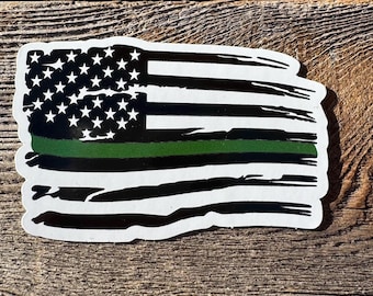 Thin Green Line Tattered American Flag Decal – Military Support Sticker – Distressed USA Flag Green Line Vinyl Decal  – Hero Patriotic Gift