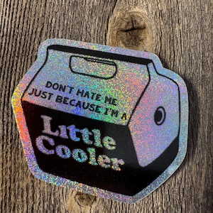May include: A holographic sticker in the shape of a cooler, with the text "DON'T HATE ME JUST BECAUSE I'M A Little Cooler". The sticker has a black outline and is set against a wooden background.