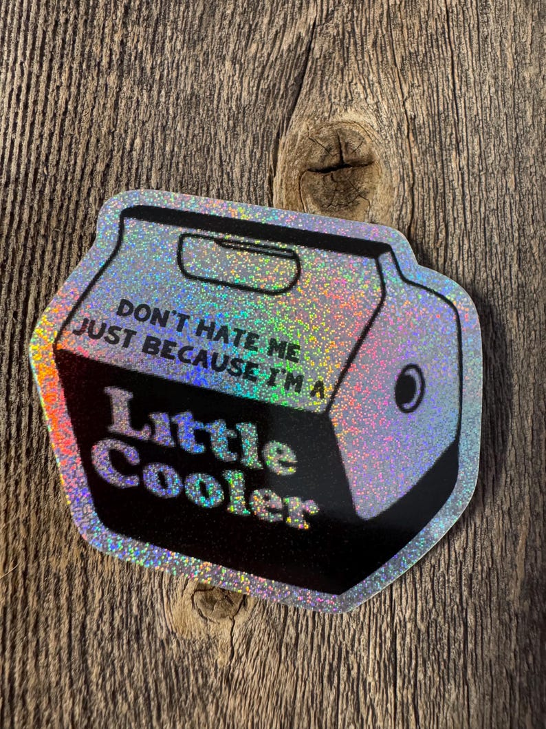 May include: A holographic sticker in the shape of a cooler, with the text "DON'T HATE ME JUST BECAUSE I'M A Little Cooler". The sticker has a black outline and is set against a wooden background.
