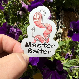 Master Baiter funny fishing sticker. Sarcastic, adult humor, worm hooking fishing sticker.