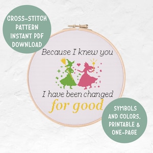 Puede incluir: Patrón de punto de cruz con dos brujas, una en verde y otra en rosa, con el texto "Because I knew you I have been changed for good". El patrón incluye símbolos y colores y es imprimible en una sola página.
