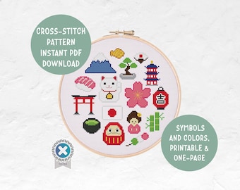 Japanese Culture Icons Cross Stitch Pattern | Cute Kawaii Geek House Decor Design | Cozy Home Office Art | Instant PDF Download