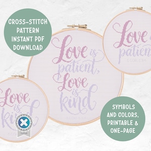 Puede incluir: Patrones de punto de cruz con las frases "Love is patient" y "Love is kind" en fuente cursiva. Los diseños son en tonos rosa y morado, mostrados sobre tela blanca dentro de aros de bordado de madera. La imagen incluye texto que dice "Descarga instantánea de PDF".