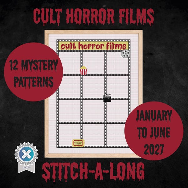 Cult Horror Films 2027 SAL Cross Stitch Pattern | Mystery Stitch Along | 12-Part Movie PDF Design | Geek Pop Culture Cozy Home Office Decor