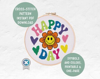 Happy Day Cross Stitch Pattern | House Decor Design | Cozy Home Office Art | Instant PDF Download