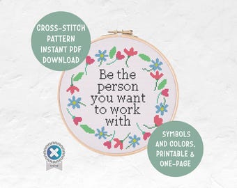 Grappig schattig kruissteekpatroon collega | Wees de persoon met wie je wilt samenwerken | Thuiskantoor Instant pdf-download modern borduurpatroon