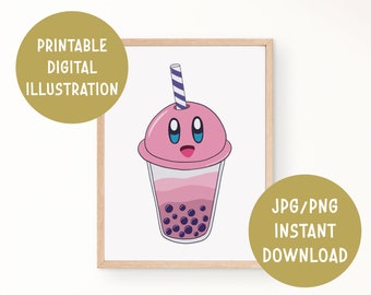 Kirby Bubble Tea Gamer Illustration Cute Kawaii Sticker Boba Videogames Fanart Wall Art Home Decor Gamer Printable Digital Illustration
