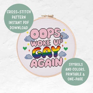 LGBTQ Pride Funny Subversive Cross Stitch Pattern | Woke Up Gay Again | Instant PDF Download | Modern Embroidery Pattern