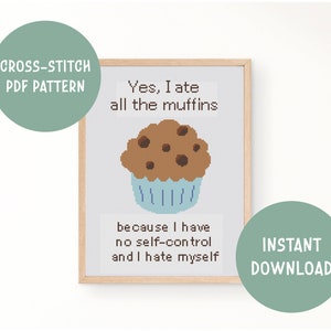 May include: Cross-stitch pattern PDF for a funny quote about eating muffins. The quote reads "Yes, I ate all the muffins because I have no self-control and I hate myself". The image shows a brown muffin with chocolate chips in a blue cupcake liner.
