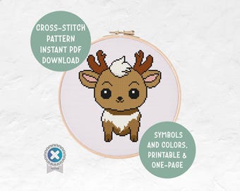 Cute Baby Reindeer Kawaii Cross Stitch Pattern, Deer Modern Embroidery Pattern, Digital Download