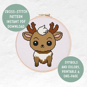 Cute Baby Reindeer Kawaii Cross Stitch Pattern, Deer Modern Embroidery Pattern, Digital Download