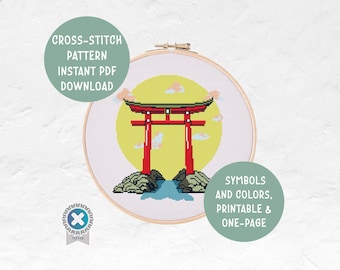 Japanese Gate Landscape Cross Stitch Pattern Instant PDF Download, Japan Asian Kawaii Modern Embroidery Cross Stitch Pattern