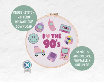 I Love The 90's Cross Stitch Pattern | Retro Vintage 90s House Decor Design | Cozy Home Office Art | Instant PDF Download