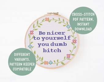 Funny Subversive Snarky Be Nicer To Yourself Cross Stitch Pattern Instant PDF Download Modern Embroidery Pattern