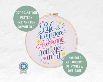 Life With You Cross Stitch Pattern | Girlfriend DIY Gift | Cute Thank You Motivational Design | Mental Health Decoration | Modern Embroidery