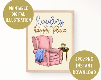 Reading is my happy place - Printable Digital Illustration - Pastel Cute Cozy Boho Chic Home Decor Print-on-Demand POD