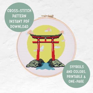 Japanese Gate Landscape Cross Stitch Pattern Instant PDF Download, Japan Asian Kawaii Modern Embroidery Cross Stitch Pattern