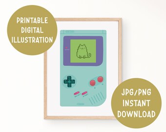 Game Boy Gamer Illustration Cute Kitty Cat Sticker Kawaii Videogames Fanart Wall Art Home Decor Gamer Printable Digital Illustration