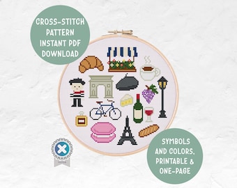 French Icons Cross Stitch Pattern | Traveling Europe Design | Cozy Home Office Decor | Instant PDF Download