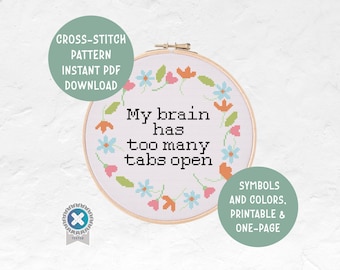 Divertido, subversivo, sarcástico: mi cerebro tiene demasiadas pestañas abiertas / Patrón de punto de cruz para oficina en casa, descarga instantánea en PDF / Patrón de bordado moderno