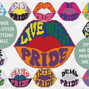 May include: A set of 13 cross-stitch patterns featuring different pride flags and the text "Live with Pride". The patterns are in the shape of lips and include symbols and colors. The text "13 Pride Cross-Stitch PDF Patterns Bundle" is at the top of the image. The text "Symbols and Colors, Printable & One-Page" is at the bottom of the image.