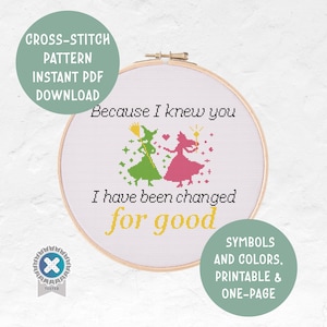 May include: A cross-stitch pattern in a wooden hoop features two stylized witch figures in green and pink, with the text "Because I knew you, I have been changed for good." Additional text includes "Cross-stitch pattern, instant PDF download."