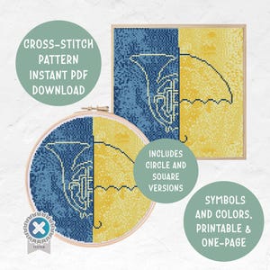 Könnte beinhalten: Ein Kreuzstichmuster mit einem geteilten Design aus einem blauen Waldhorn und einem gelben Regenschirm. Der Text lautet: CROSS-STITCH PATTERN INSTANT PDF DOWNLOAD, INCLUDES CIRCLE AND SQUARE VERSIONS, SYMBOLS AND COLORS, PRINTABLE & ONE-PAGE.