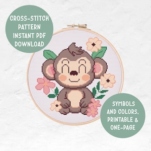 Cute Monkey With Flowers Kawaii Cross Stitch Pattern, Modern Embroidery Pattern, Digital Download