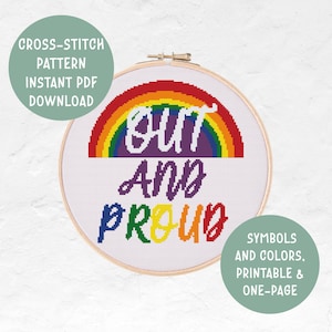 LGBTQ Pride Funny Subversive Cross Stitch Pattern Out and Proud Instant PDF Download Modern Embroidery Pattern