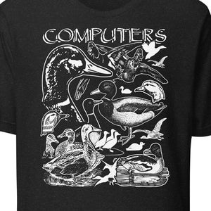 May include: Black t-shirt with a white graphic of ducks and the word "COMPUTERS" printed on the front.