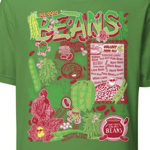 Puede incluir: Camiseta verde con un gráfico colorido de frijoles y el texto "ICE COLD BEANS" y "BEYOND YOUR WILDEST BEANS". El gráfico incluye diferentes tipos de frijoles, incluyendo frijoles rojos, frijoles blancos, frijoles negros y frijoles pinto.