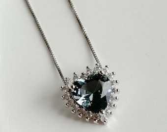 Gray Heart Necklace: White Rhodium Zirconia Pendant, 20" Adjustable Chain