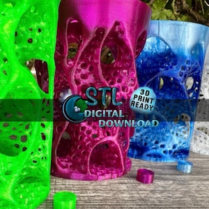 May include: Three cylindrical 3D printed containers with an intricate, porous, organic lattice structure. The containers are colored in vibrant neon green, metallic magenta, and a gradient of blue. Text on the image reads STL 3D PRINT READY DIGITAL DOWNLOAD.