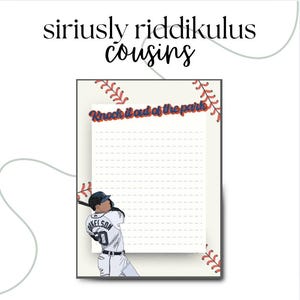 May include: A baseball-themed notepad with a baseball player illustration. The notepad features the text "Knock it out of the park" and is decorated with baseball stitching. The player is wearing a baseball uniform with the name "KELSON" and the number "50".