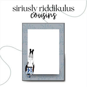May include: A framed print with the text "siriusly riddikulus cousins" at the top. The frame is gray with a football play design. Inside the frame is a white rectangle with a football player illustration.