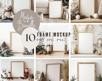 Bundle 10 Christmas Frame Mockup, Vertical Frame Photoshop PSD, Living Room Mockup Canva PNG| Photopea file with Smart Object|508