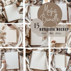 May include: A set of 15 notebook mockups showcasing different styles and sizes. The mockups are presented against a rustic wooden backdrop with a cosy, autumnal feel. The text "Mega Bundle" and "15 Notebook Mockup PSD - JPG - PNG" is visible in the image.