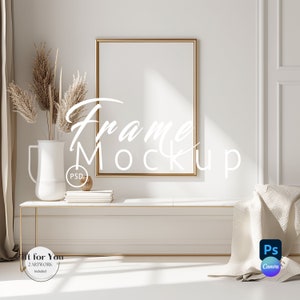 Vertical Gold Frame Mockup ,Wood Frame Photoshop,Living Room Mock up Canva PNG|Frame Mockup PSD Wall Art|Photopea file with Smart Object|341