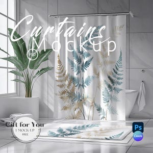 Shower Curtain & Mat Mockup, Bathroom Carpet and Curtain Mockups,Photoshop Mock up,Drag and Drop Mockup PNG, Canva, Curtains Mockup PSD |545