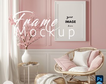 Retro Pink Vertical Frame Mockup,Interior Living Room,White Frames Mock up Canva, Wall Decor Mockup,Poster Mockup,Frame Mockup Psd|18